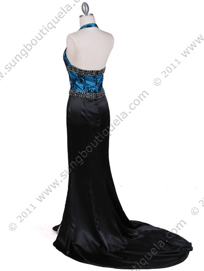 1053 Black Turquoise Halter Evening Dress - Black Turquoise, Back View Medium