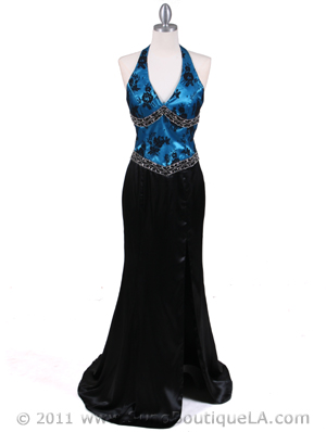 1053 Black Turquoise Halter Evening Dress, Black Turquoise