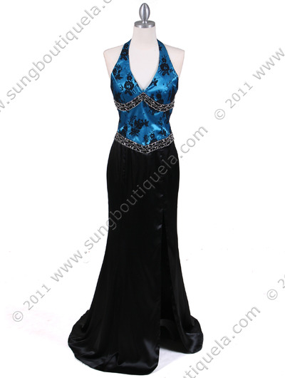 1053 Black Turquoise Halter Evening Dress - Black Turquoise, Front View Medium