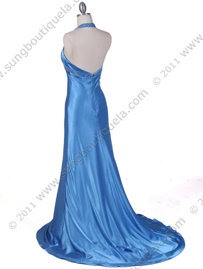 1056 Turquoise Blue Charmeuse Halter Beaded Evening Dresses - Turquoise Blue, Back View Medium