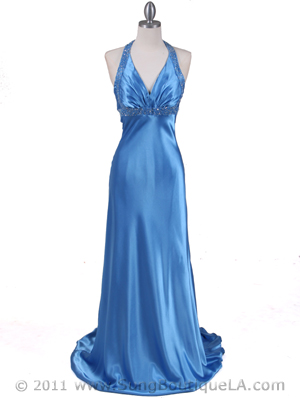 1056 Turquoise Blue Charmeuse Halter Beaded Evening Dresses, Turquoise Blue