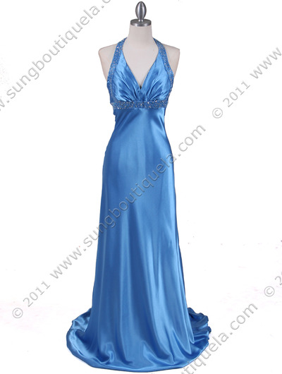 1056 Turquoise Blue Charmeuse Halter Beaded Evening Dresses - Turquoise Blue, Front View Medium