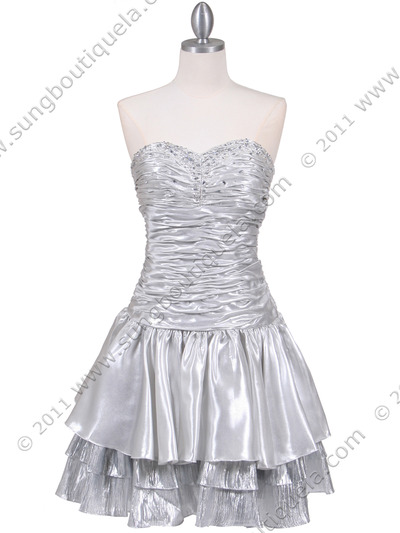 1078 Silver Tiered Cocktail Dress - Silver, Front View Medium