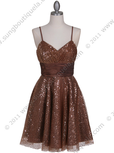 1103 Brown Sequin Cocktail Dress - Brown, Front View Medium