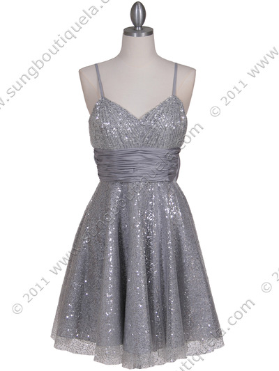 1103 Silver Sequin Cocktail Dress - Silver, Front View Medium