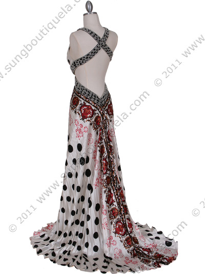 1109 White Polka Dot Printed Evening Dress - White, Back View Medium