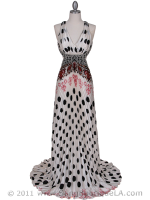 1109 White Polka Dot Printed Evening Dress, White