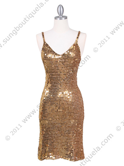 CH1111 Gold Sequins Party Dress - Gold, Front View Medium