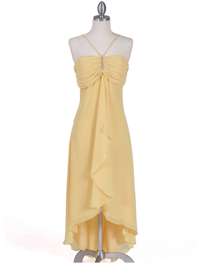 1111 Yellow Evening Dress with Rhine Stone Pin - Yellow, Front View Medium