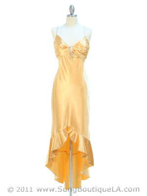 1135 Golden Yellow Satin Evening Dress with Rhinestone Buckle, Golden Yellow