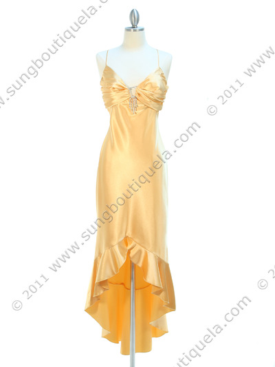 1135 Golden Yellow Satin Evening Dress with Rhinestone Buckle - Golden Yellow, Front View Medium