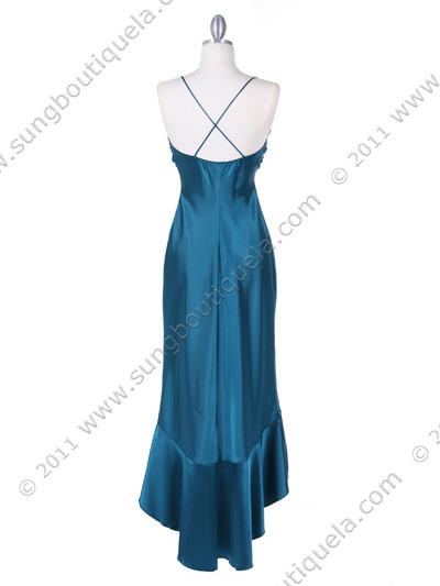 1135 Teal Satin Evening Dress with Rhinestone Buckle - Teal, Back View Medium