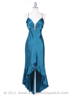 1135 Teal Satin Evening Dress with Rhinestone Buckle, Teal