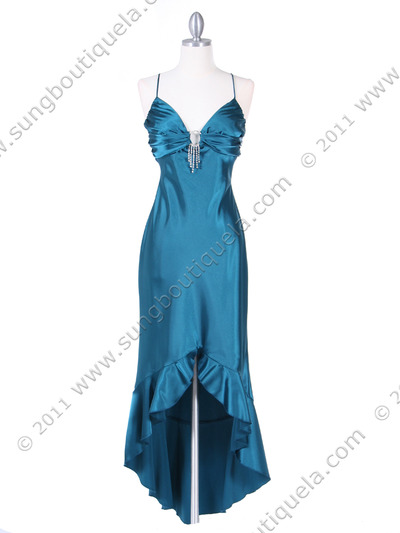 1135 Teal Satin Evening Dress with Rhinestone Buckle - Teal, Front View Medium