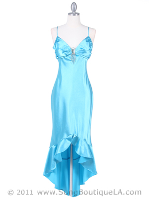 1135 Turquoise Satin Evening Dress with Rhinestone Buckle, Turquoise
