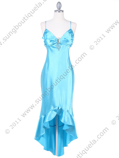 1135 Turquoise Satin Evening Dress with Rhinestone Buckle - Turquoise, Front View Medium