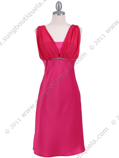 1165 Fuschia Cocktail Dress with Rhinestone Trim - Fuschia, Front View Medium