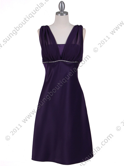 1165 Purple Cocktail Dress with Rhinestone Trim - Purple, Front View Medium