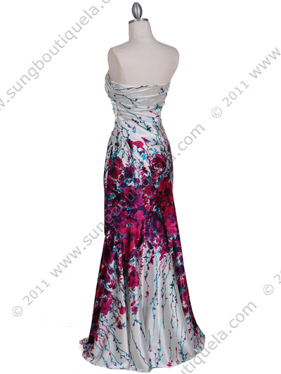 1167 White Strapless Printed Evening Dress - White, Back View Medium