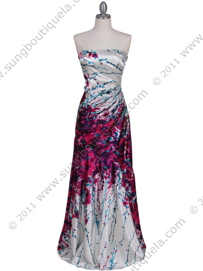 1167 White Strapless Printed Evening Dress - White, Front View Medium