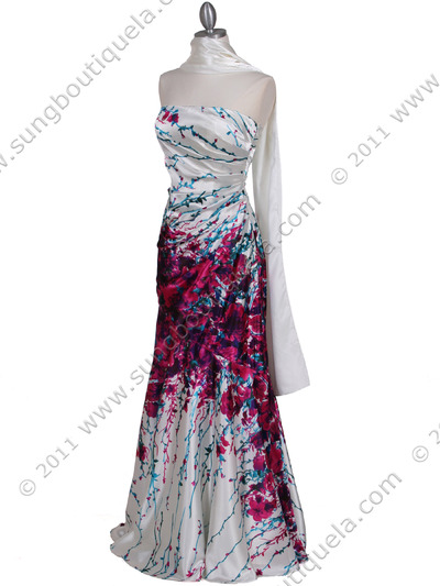 1167 White Strapless Printed Evening Dress - White, Alt View Medium