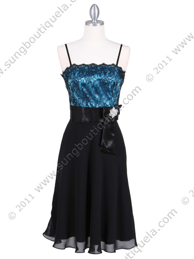 1180 Black/Turquoise Laced Cocktail Dress - Black Turquoise, Front View Medium