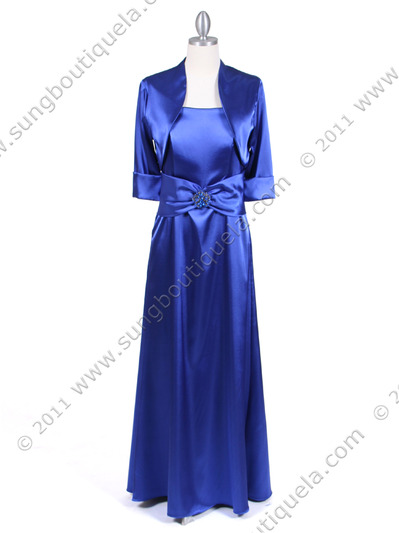 1190 Royal Blue Charmeuse Evening Dress with Bolero Jacket - Royal Blue, Front View Medium