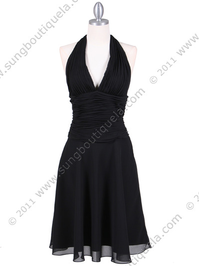 1200 Black Chiffon Halter Cocktail Dress - Black, Front View Medium