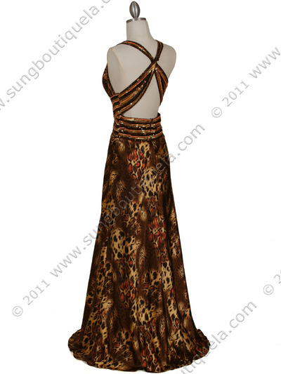 123 Animal Print Satin Evening Gown - Brown, Back View Medium