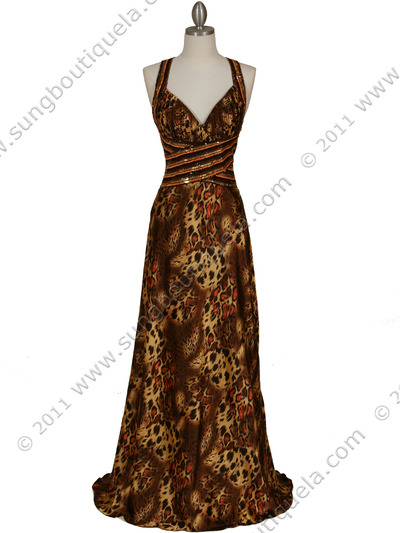 123 Animal Print Satin Evening Gown - Brown, Front View Medium