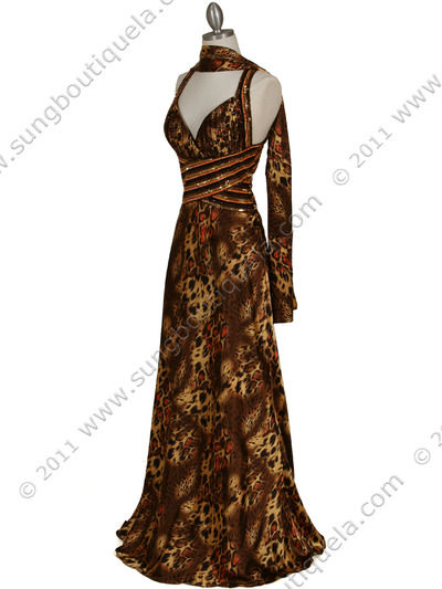 123 Animal Print Satin Evening Gown - Brown, Alt View Medium