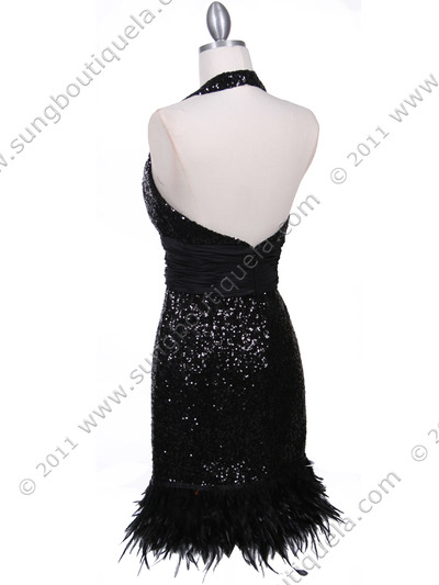 1250 Black Sequin Cocktail Dress with Feather Hem - Black, Back View Medium