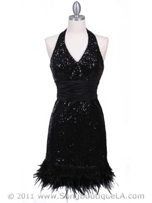 1250 Black Sequin Cocktail Dress with Feather Hem, Black