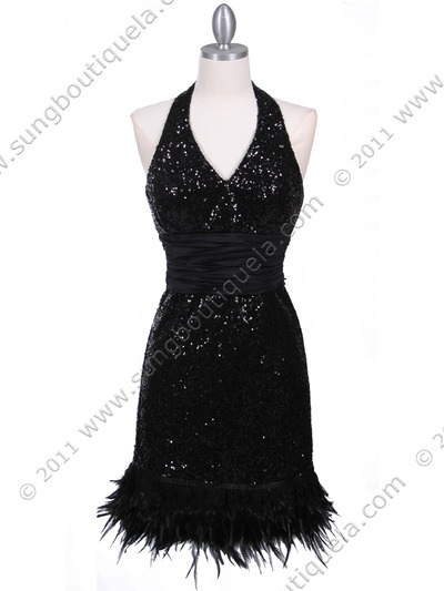 1250 Black Sequin Cocktail Dress with Feather Hem - Black, Front View Medium