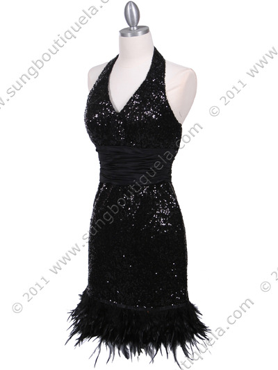 1250 Black Sequin Cocktail Dress with Feather Hem - Black, Alt View Medium