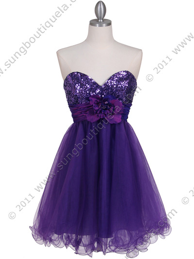 125 Purple Sequin Top Cocktail Dress - Purple, Front View Medium