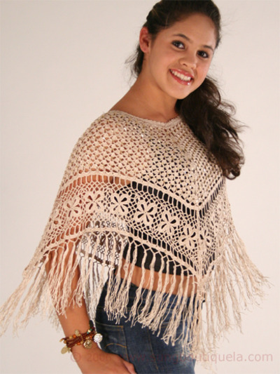 12775 Crochet Poncho - Beige, Front View Medium