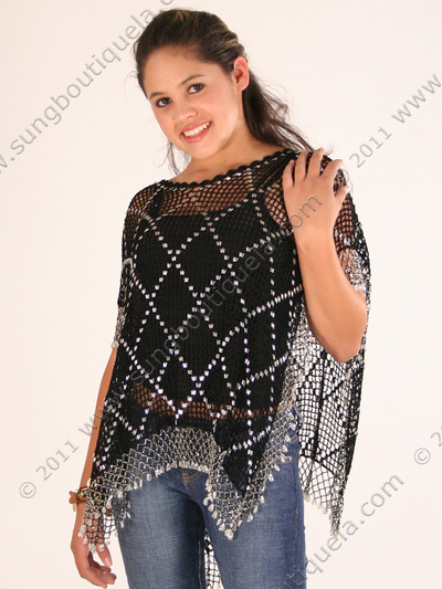 12778 Elegant Beaded Poncho - Black, Back View Medium