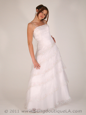 12789 White Sequins Layers Low Back Gown, White