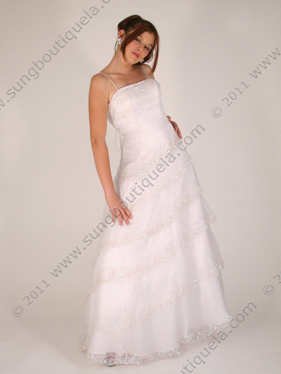 12789 White Sequins Layers Low Back Gown - White, Front View Medium