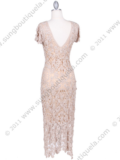 12959 Beige Flower Crochet Dress - Beige, Back View Medium