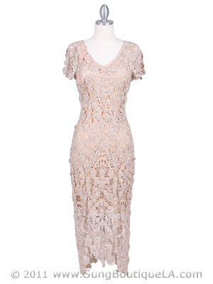 12959 Beige Flower Crochet Dress, Beige