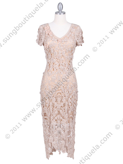 12959 Beige Flower Crochet Dress - Beige, Front View Medium