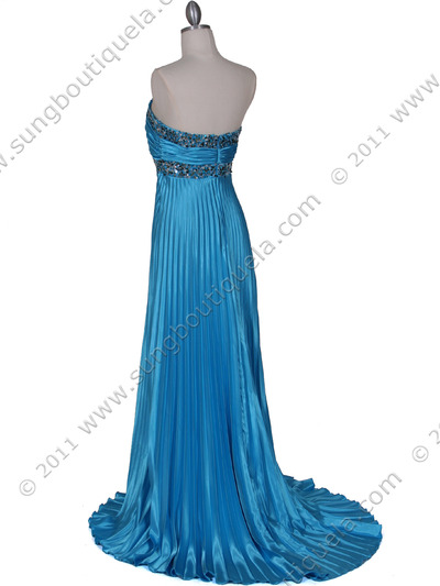 129 Turquoise Strapless Pleated Evening Gown - Turquoise, Back View Medium