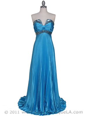 129 Turquoise Strapless Pleated Evening Gown, Turquoise