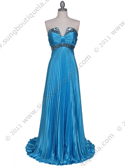 129 Turquoise Strapless Pleated Evening Gown - Turquoise, Front View Medium