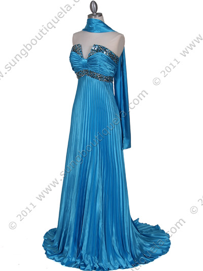 129 Turquoise Strapless Pleated Evening Gown - Turquoise, Alt View Medium