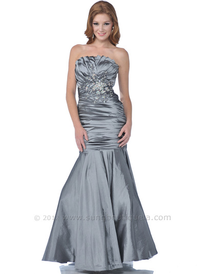 12 Gray Strapless Taffeta Prom Dress - Gray, Front View Medium