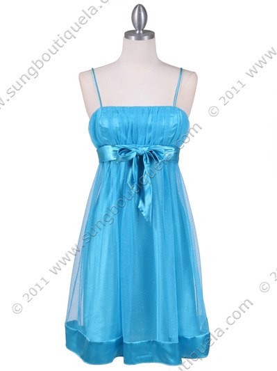 1302 Turquoise Giltter Cocktail Dress - Turquoise, Front View Medium