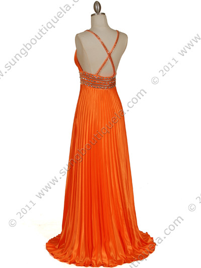 131 Orange Empire Waist Rhinestone Evening Dress - Orange, Back View Medium